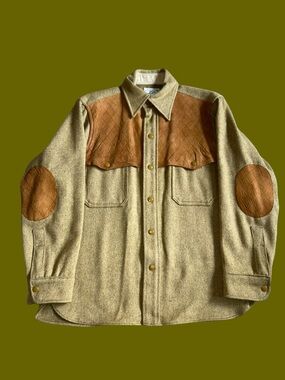 Vintage Woolrich Brown Wool Suede Yoke Elbow Patches Jacket Shirt Men’s Size L